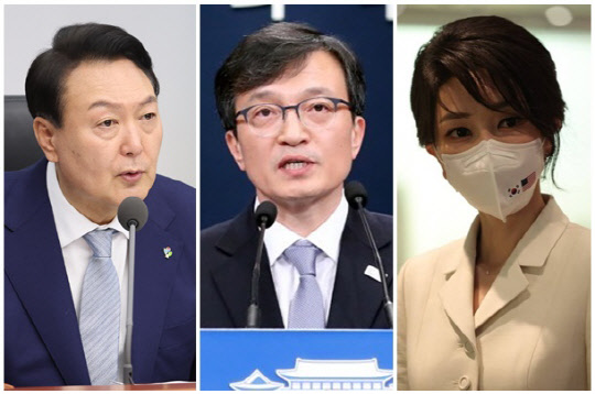 (왼쪽부터) 윤석열 대통령, 김의겸 더불어민주당 의원, 김건희 여사. <연합뉴스>